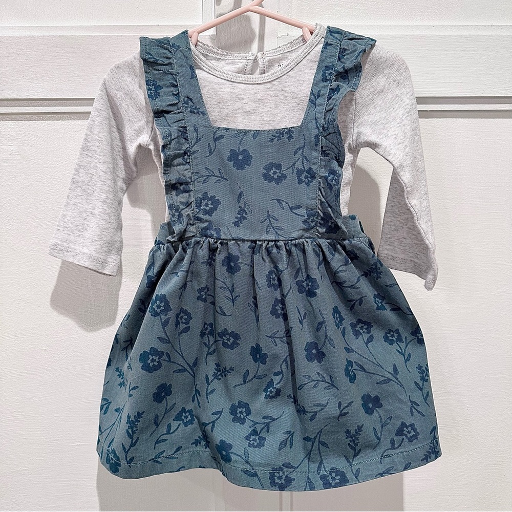 Carter’s 12M Floral Green Apron Dress w Heather Gray Long Sleeve Onesie Outfit
